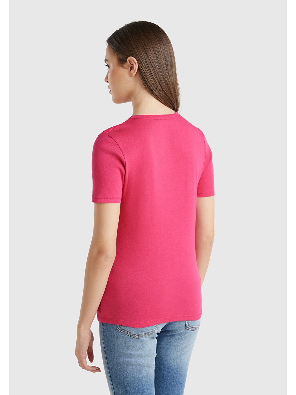 Kadın Fuşya 100 Pamuk Basic Kısa Kollu Bisiklet Yaka T Shirt-1