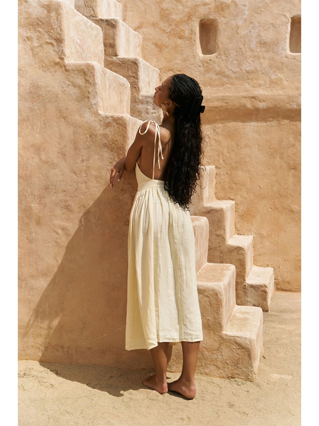 Eara Askılı Sarı Uzun Keten Elbise-3