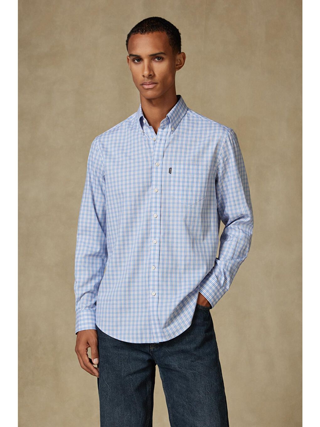 Aldo Poplin Pamuklu Comfort Fit Turuncu Düğmeli Yaka Erkek Kareli Gömlek