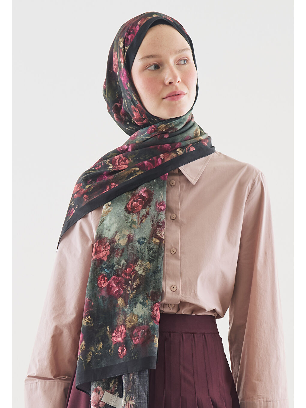 Yeşil EVELYNE DESENLİ PAMUK VİSKON ŞAL KOYU YEŞİL