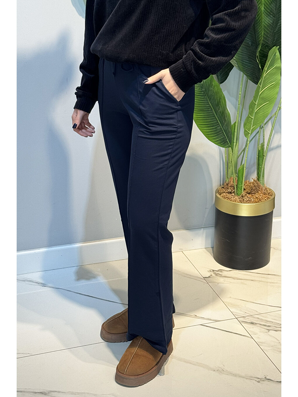 Nervür Dikiş Beli Lastikli Bağcıklı Pantolon 1887 Lacivert-2