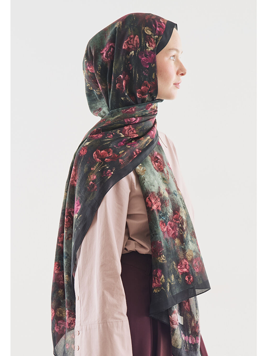 Yeşil EVELYNE DESENLİ PAMUK VİSKON ŞAL KOYU YEŞİL-1