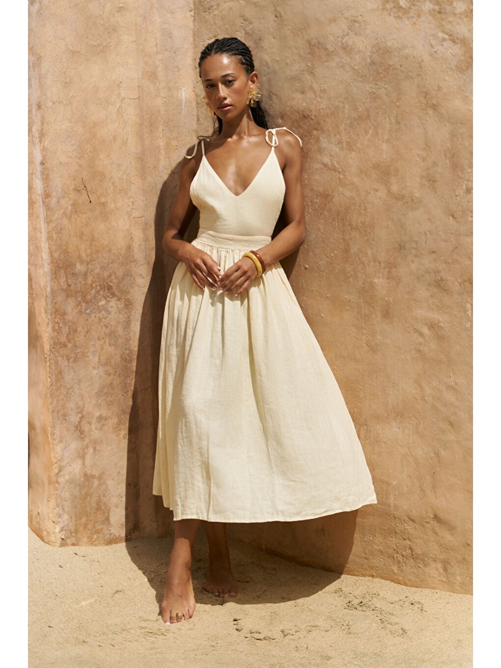 Eara Askılı Sarı Uzun Keten Elbise-4