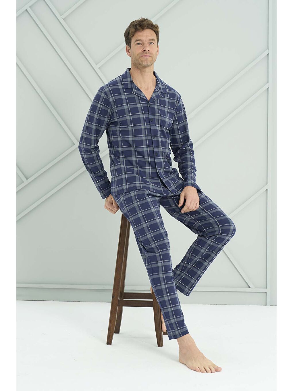 Erkek Penye Uzun Kol Pijama Takımı 2226 Lacivert06