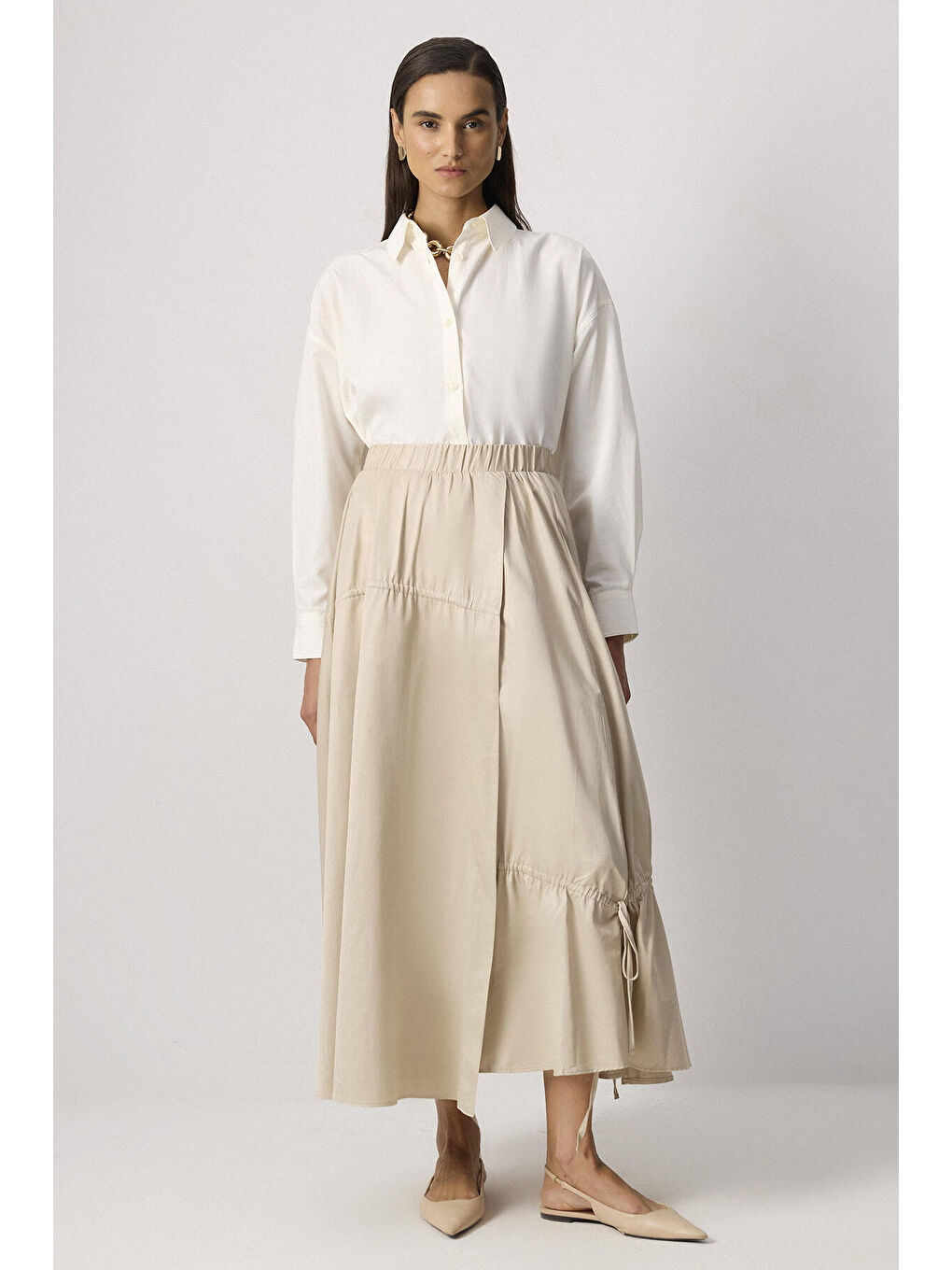 Bej Büzgü Detaylı Etek-1