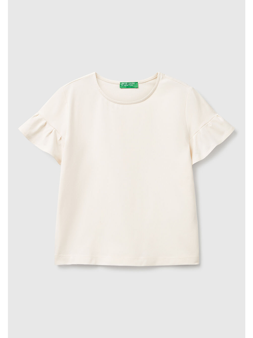 Ekru Kadın Krem Pamuk Karışımlı Kolları Fırfır Detaylı T-Shirt-1