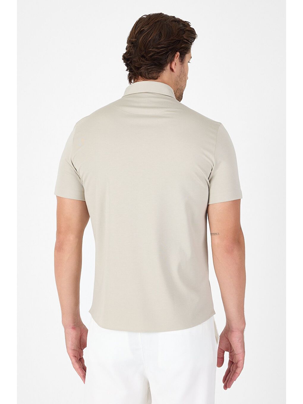Bej Taş Rengi Kısa Kol Düğmeli Yaka Cepsiz Performans Ürün Slim Fit Büyük Beden Gömlek 1004250256
