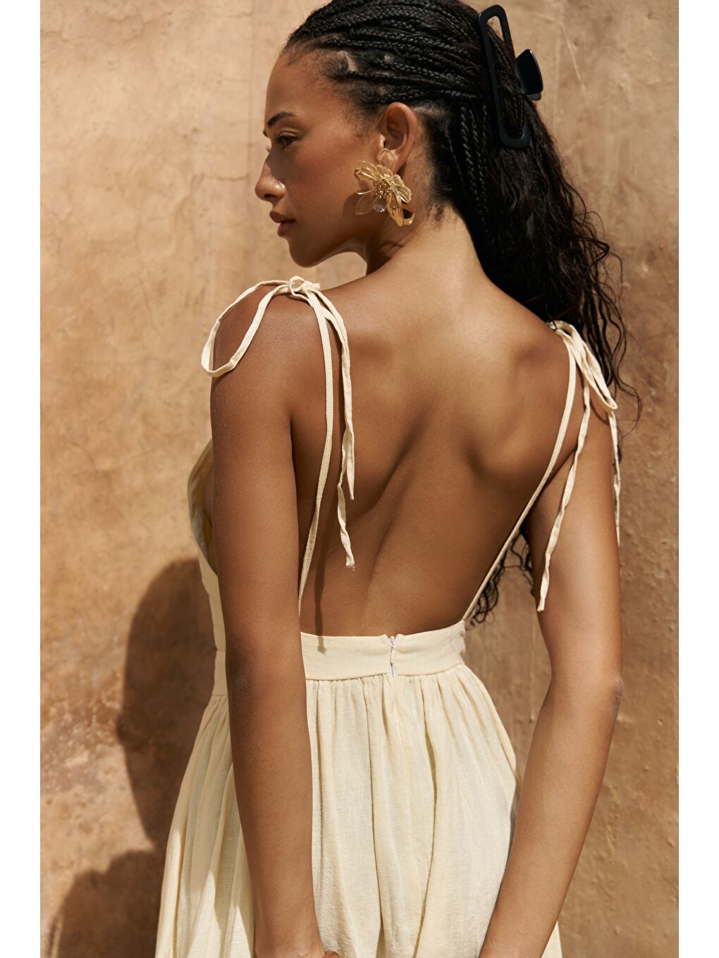 Eara Askılı Sarı Uzun Keten Elbise-5