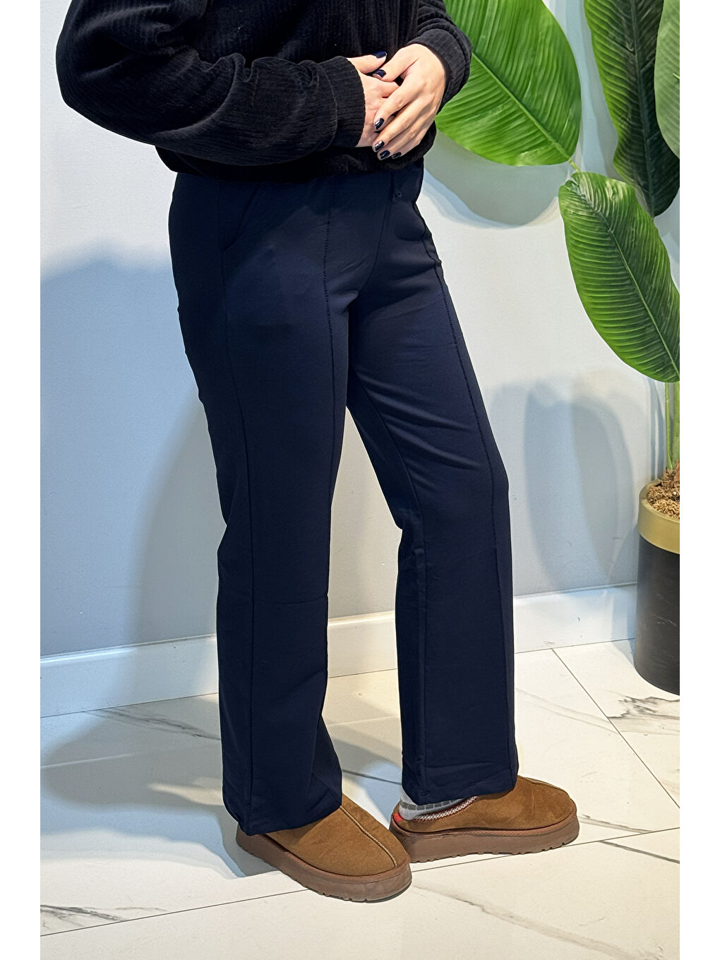 Nervür Dikiş Beli Lastikli Bağcıklı Pantolon 1887 Lacivert-3