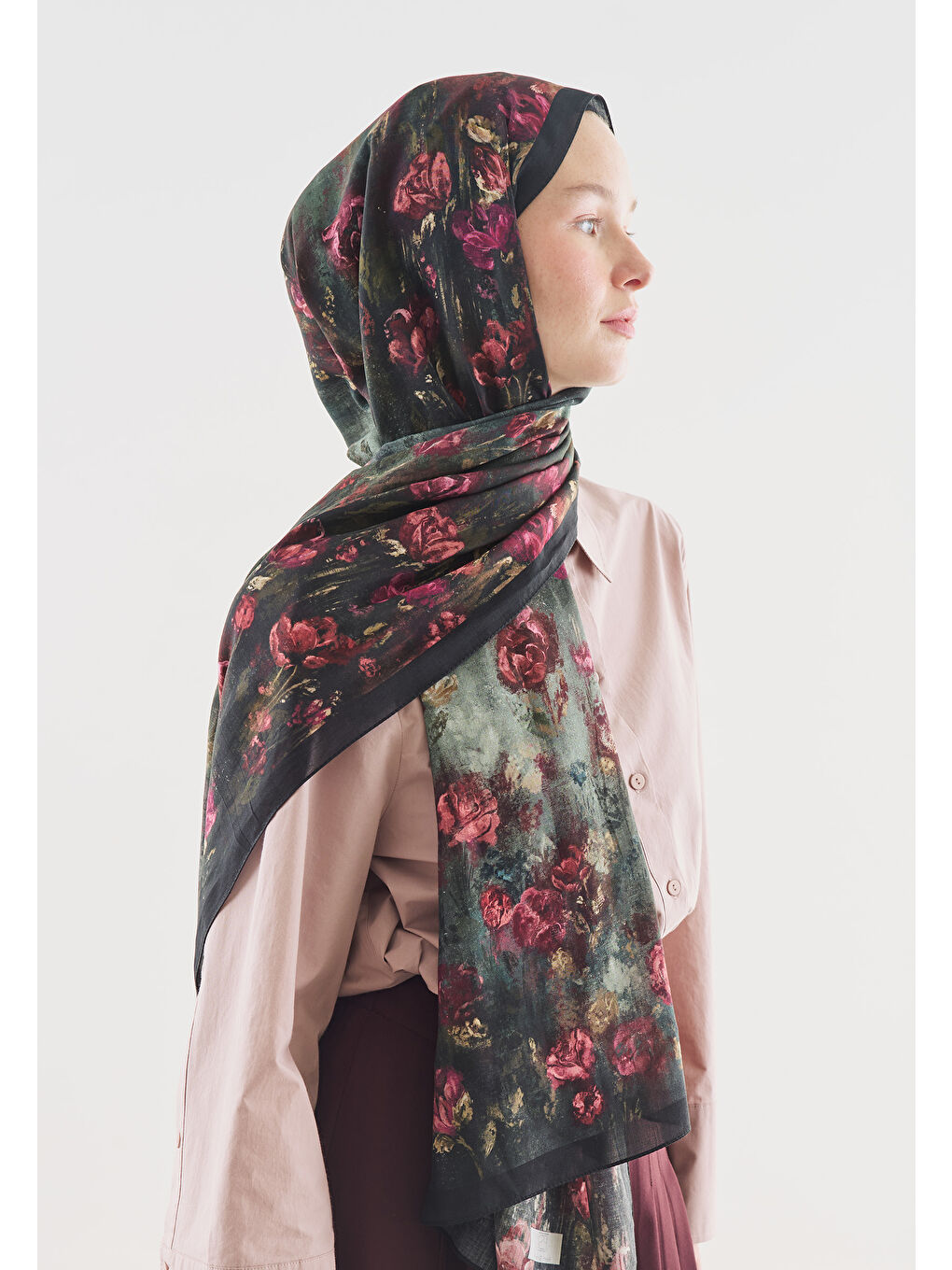 Yeşil EVELYNE DESENLİ PAMUK VİSKON ŞAL KOYU YEŞİL-3