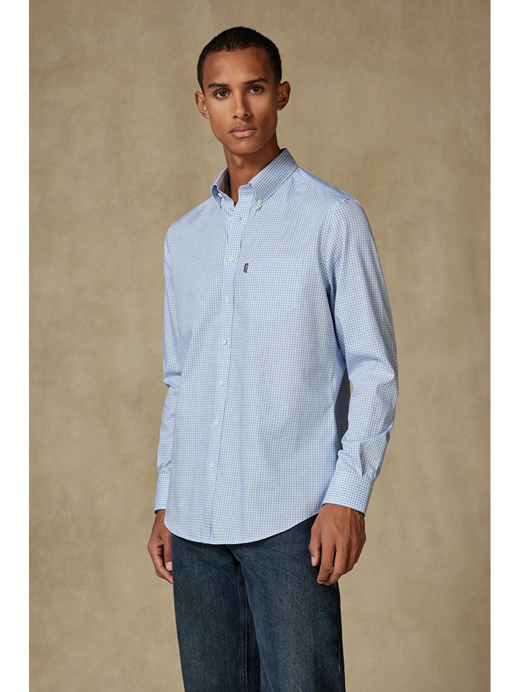 Aldo Poplin Pamuklu Comfort Fit Açık Mavi Düğmeli Yaka Erkek Kareli Gömlek