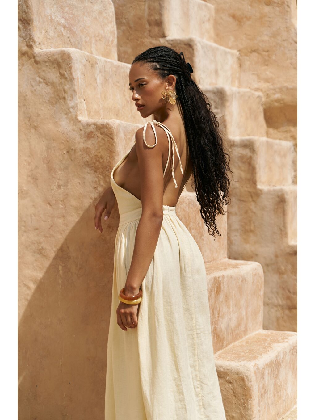 Eara Askılı Sarı Uzun Keten Elbise-7