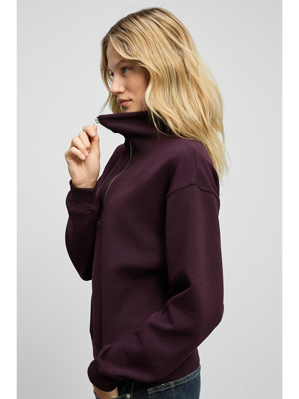Endora Kadın Yumuşak Polarlı Kumaşlı Yakası Fermuarlı Regular Bordo Sweatshirt-3