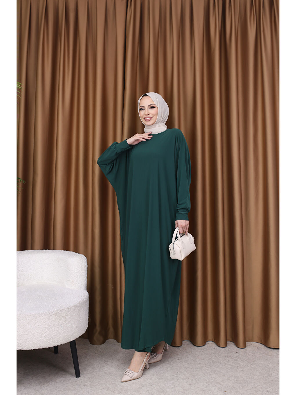Kadın Trend Basic Uzun Kollu Yeşil Elbise-5