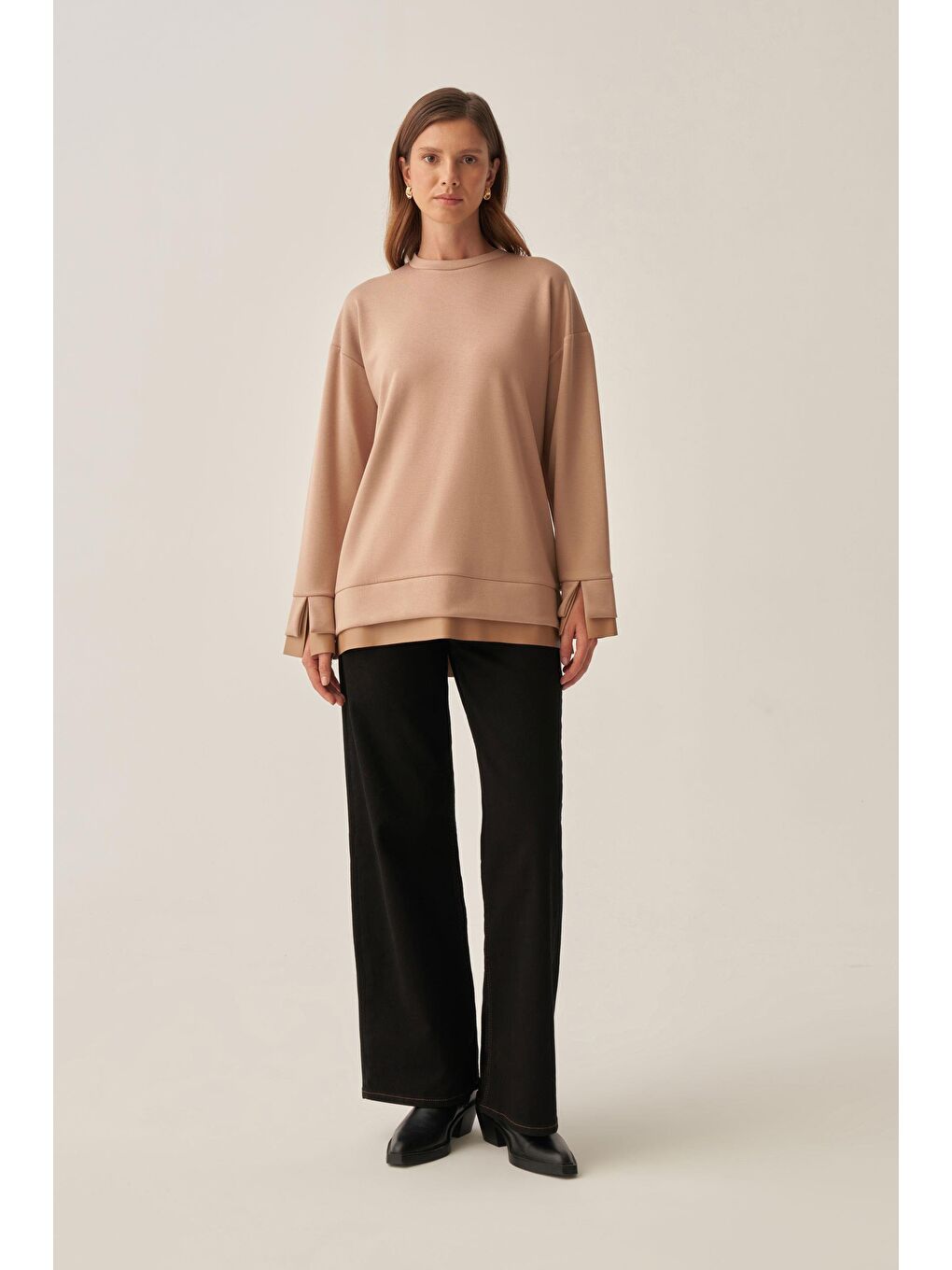 Bej Vizon-Yumuşak Dokulu Deri Garnili Tunik-1