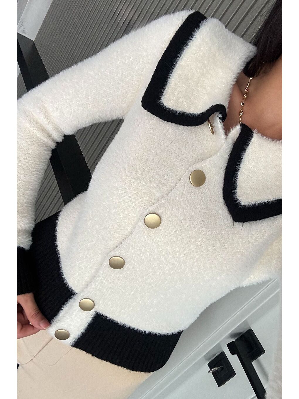 Ekru Kadın Bebe Yaka Yumoş İplik Triko Ceket (s-m-l Uyumludur)-1