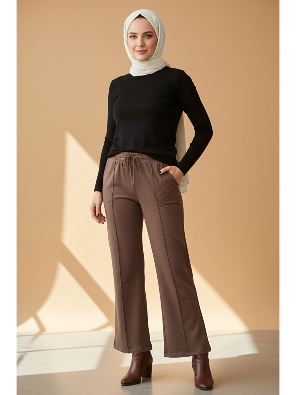 Bej Nervür Dikiş Beli Lastikli Bağcıklı Pantolon 1887 Vizon