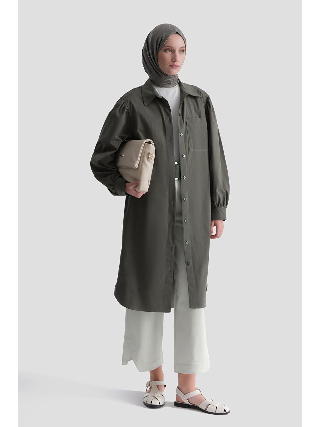 Karpuz Kol Tunik Elbise Haki-5