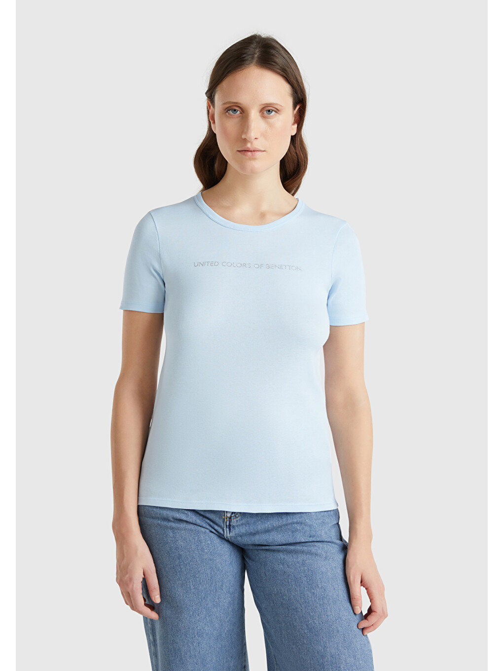 Kadın Açık Mavi 100 Pamuk Benetton Yazılı Basic T Shirt