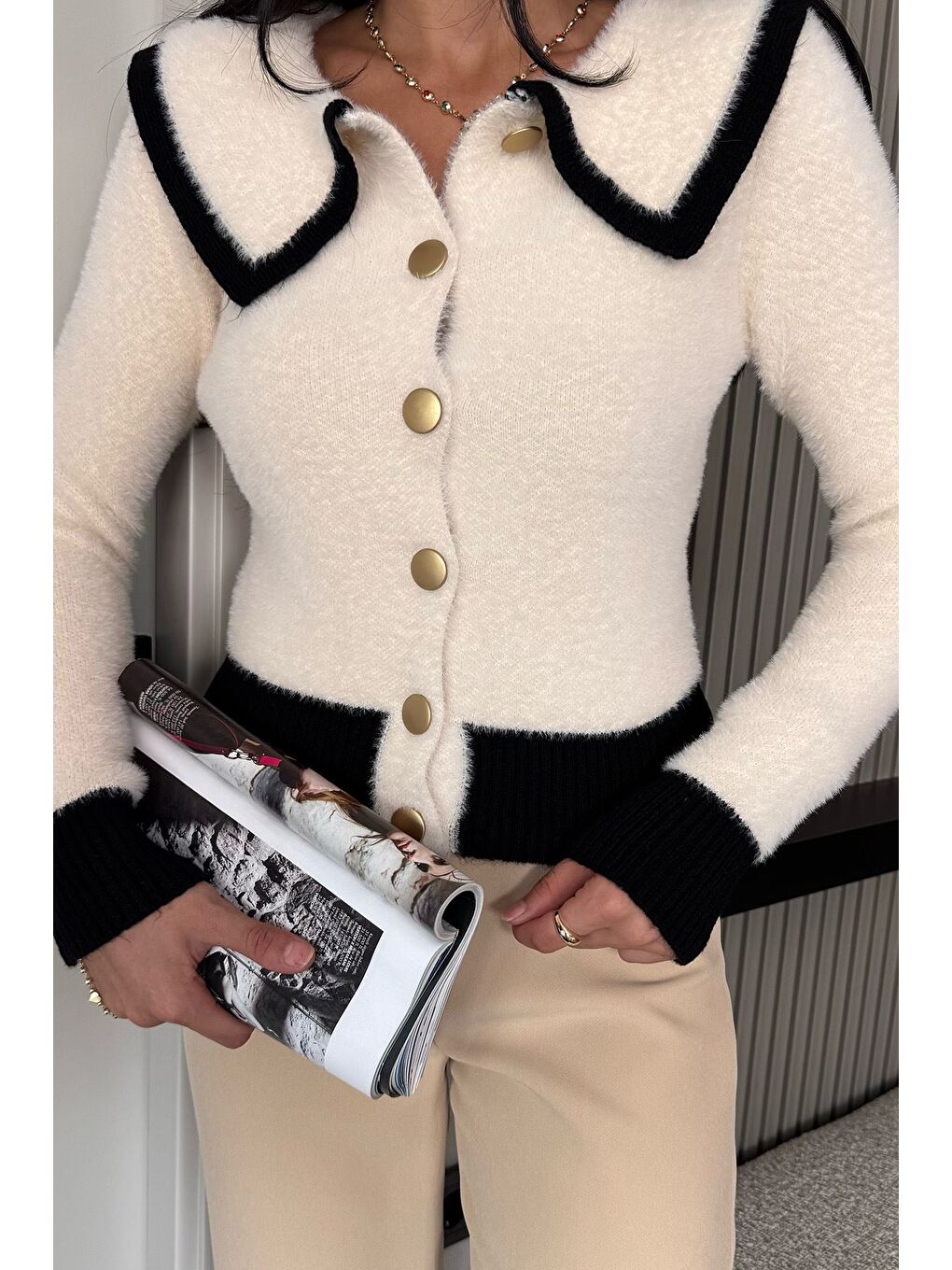 Ekru Kadın Bebe Yaka Yumoş İplik Triko Ceket (s-m-l Uyumludur)-2