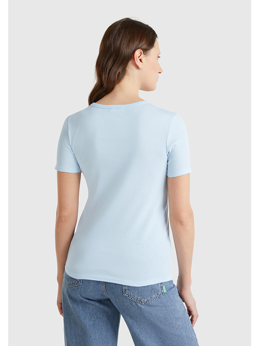 Kadın Açık Mavi 100 Pamuk Benetton Yazılı Basic T Shirt-1