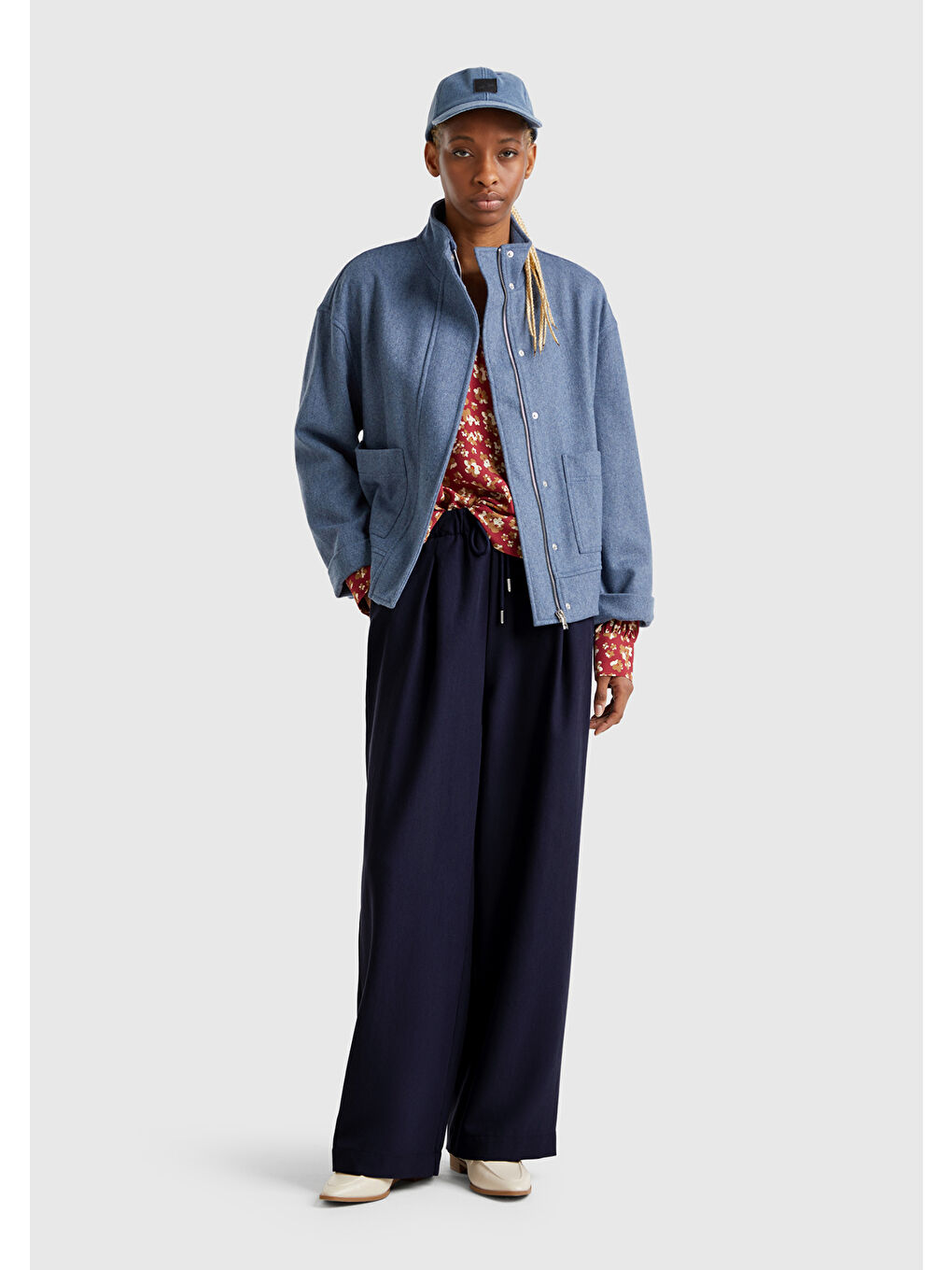 Kadın Lacivert Liyosel Karışımlı Beli Lastikli Geniş Paça Pantolon-4