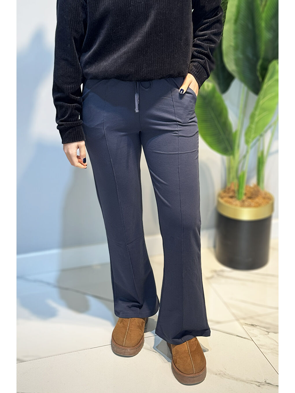 Nervür Dikiş Beli Lastikli Bağcıklı Pantolon 1887 Antrasit-1