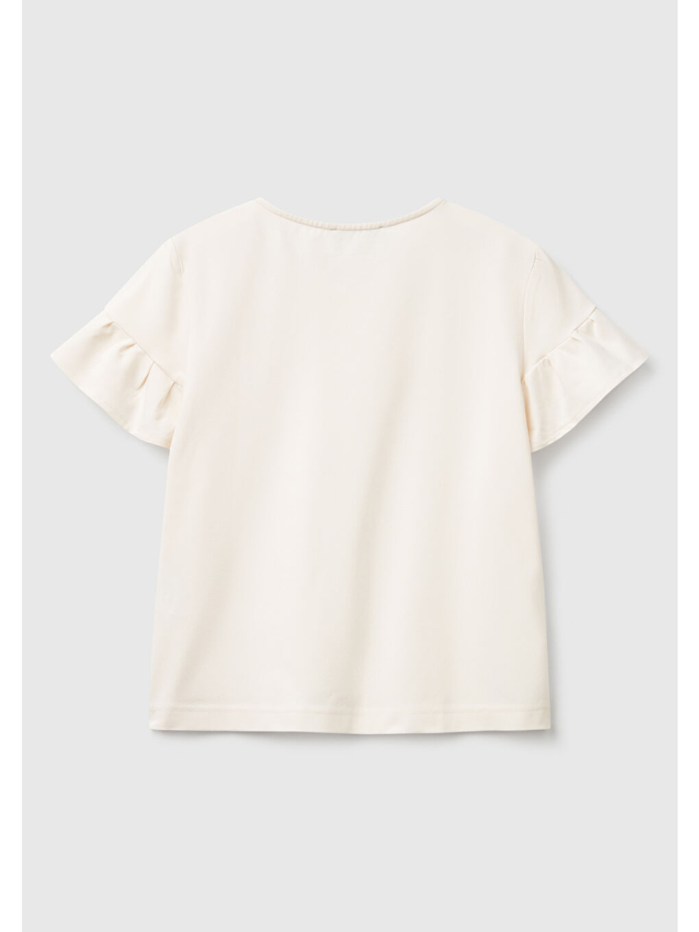 Ekru Kadın Krem Pamuk Karışımlı Kolları Fırfır Detaylı T-Shirt-3