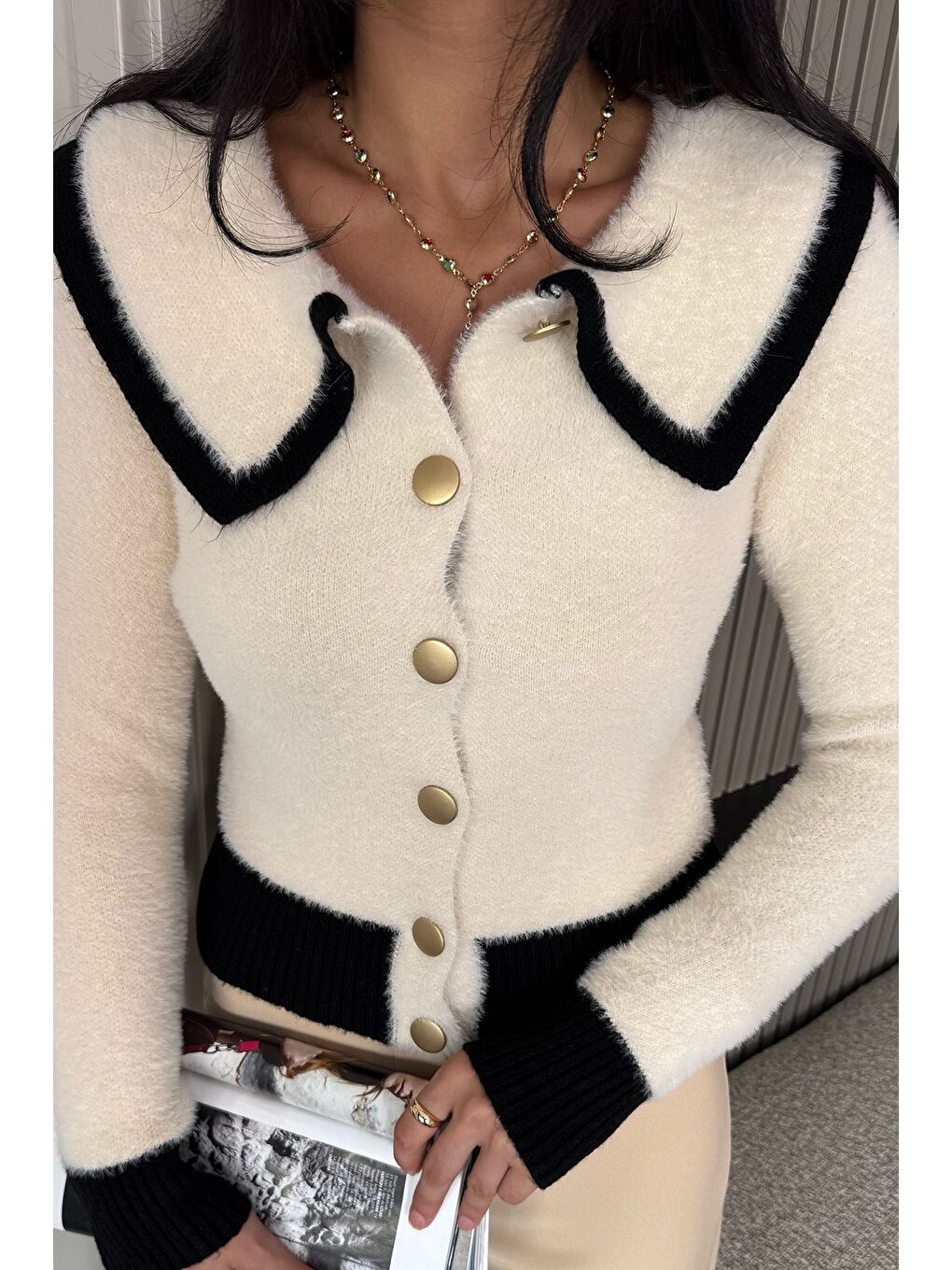 Ekru Kadın Bebe Yaka Yumoş İplik Triko Ceket (s-m-l Uyumludur)-3