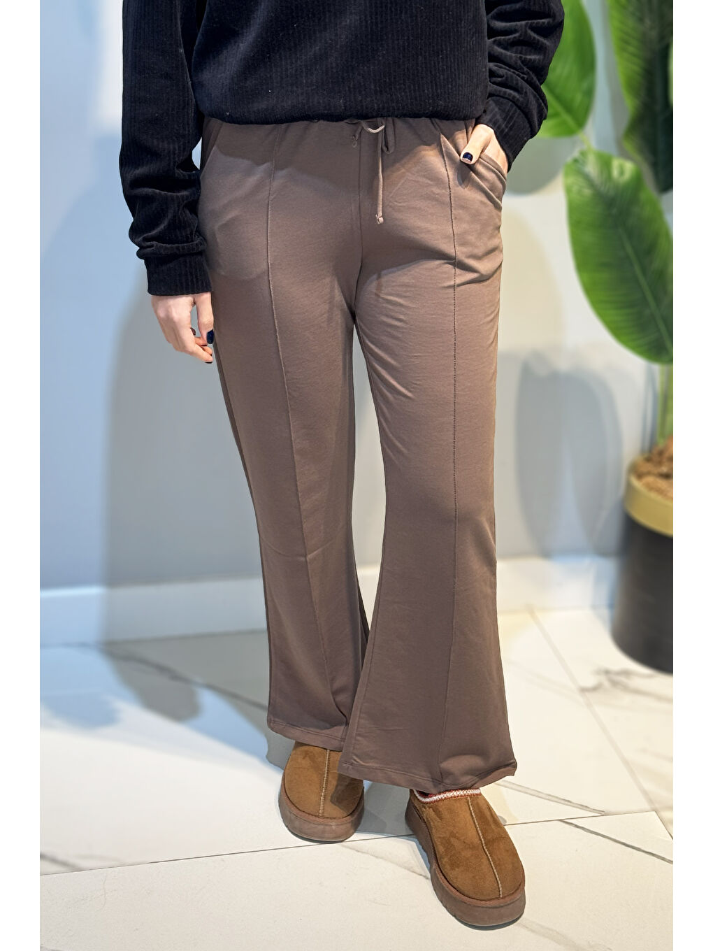 Bej Nervür Dikiş Beli Lastikli Bağcıklı Pantolon 1887 Vizon-1