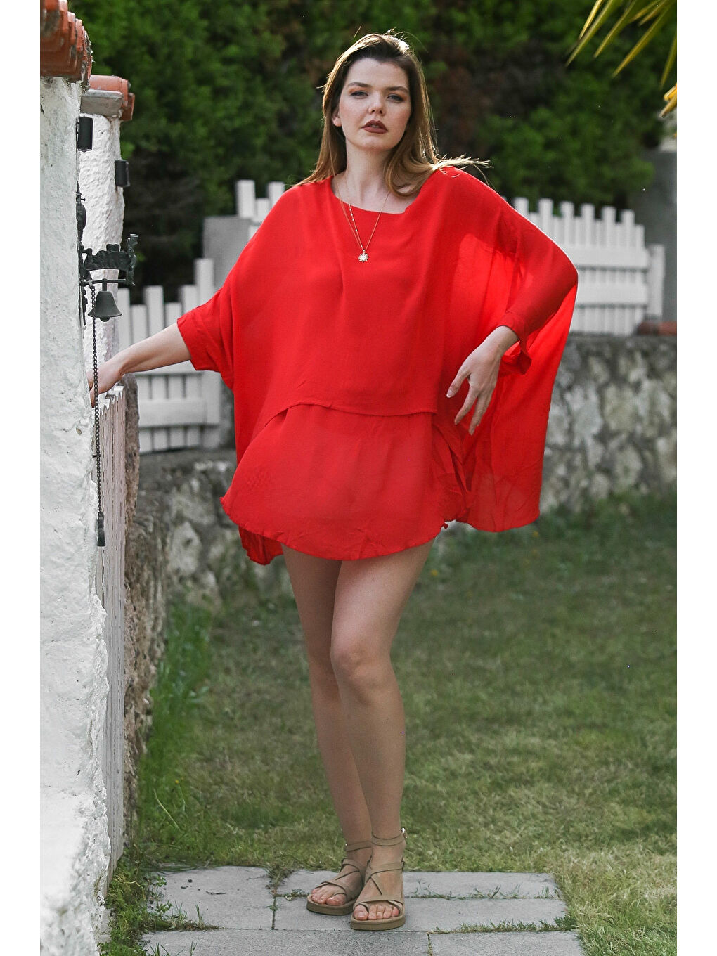 Kırmızı Narçiçeği Havuz Yaka Yarasa Kol İnce Astarlı Çift Katlı Casual Oversize Dokuma Bluz 75 85-3