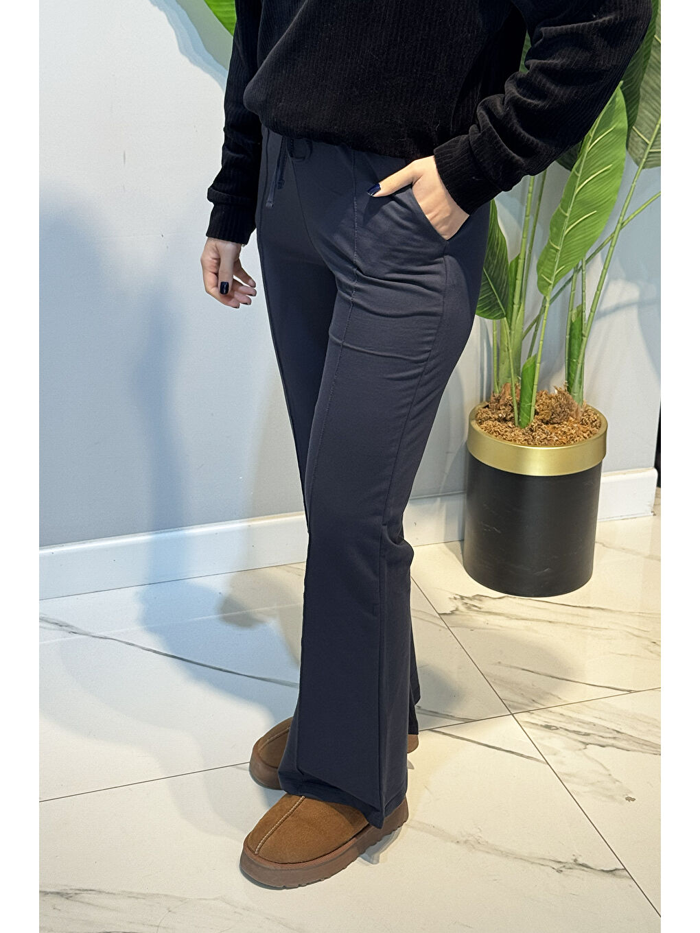 Nervür Dikiş Beli Lastikli Bağcıklı Pantolon 1887 Antrasit-2