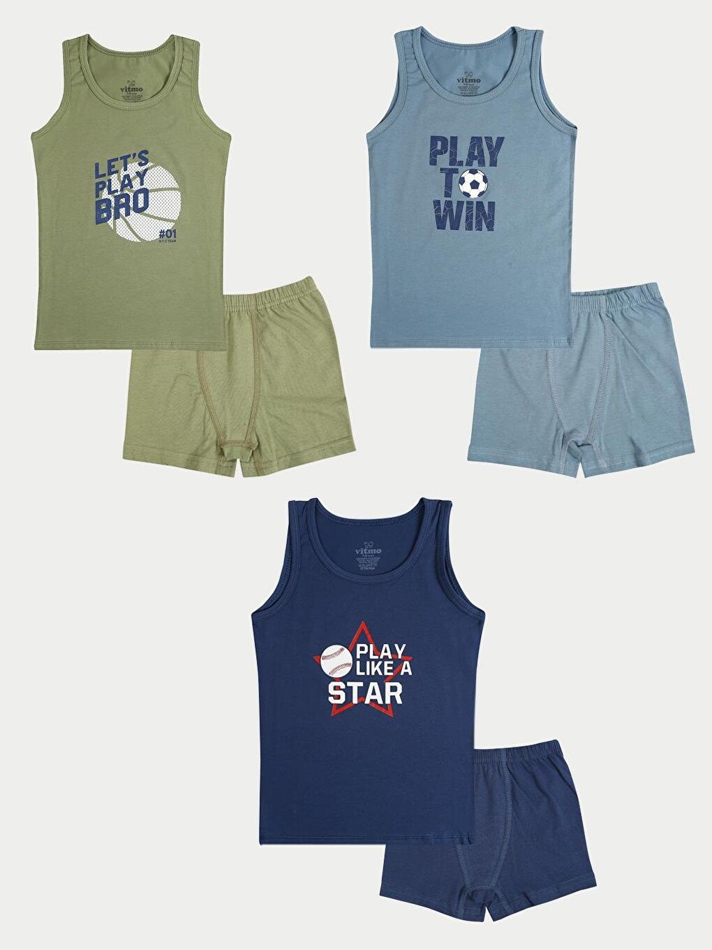 Erkek Çocuk Pamuklu 3'Lü Atlet 3'Lü Boxer Karışık Renk Sport 6 Parça Set