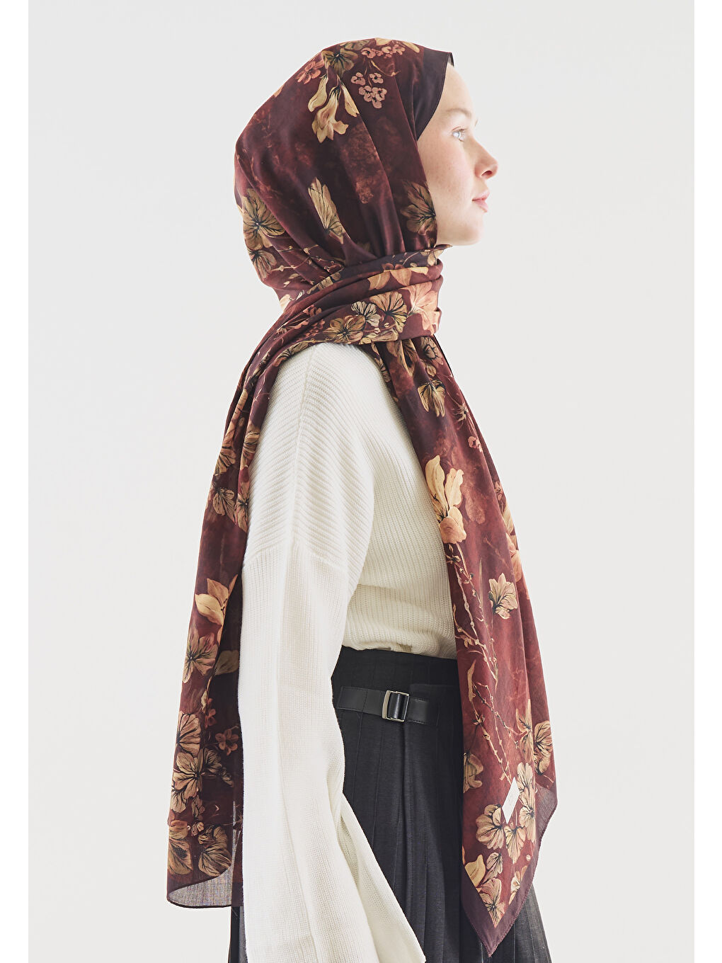 Bordo FALL BREEZE DESENLİ PAMUK VİSKON ŞAL BORDO-1