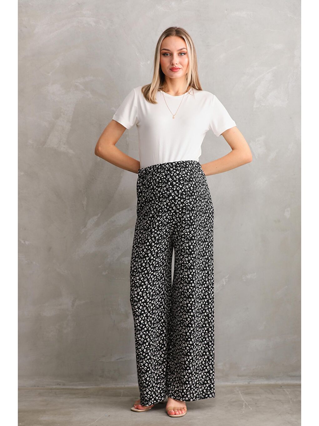 Siyah Hamile Baskılı Dokuma Kumaş Bol Pantolon-1