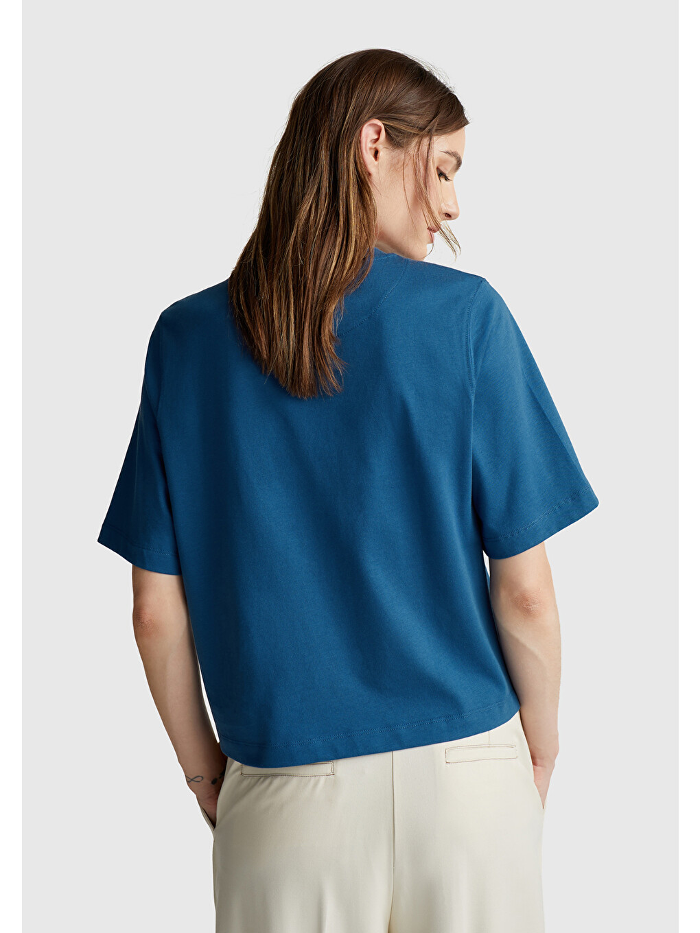 Kadın İndigo Mavisi %100 Pamuk Boxy Fit T-Shirt-2