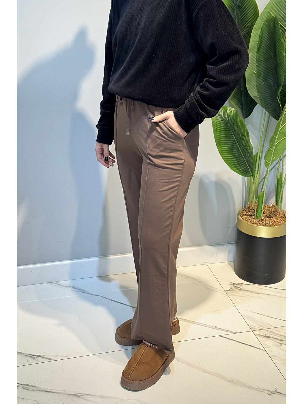 Bej Nervür Dikiş Beli Lastikli Bağcıklı Pantolon 1887 Vizon-2