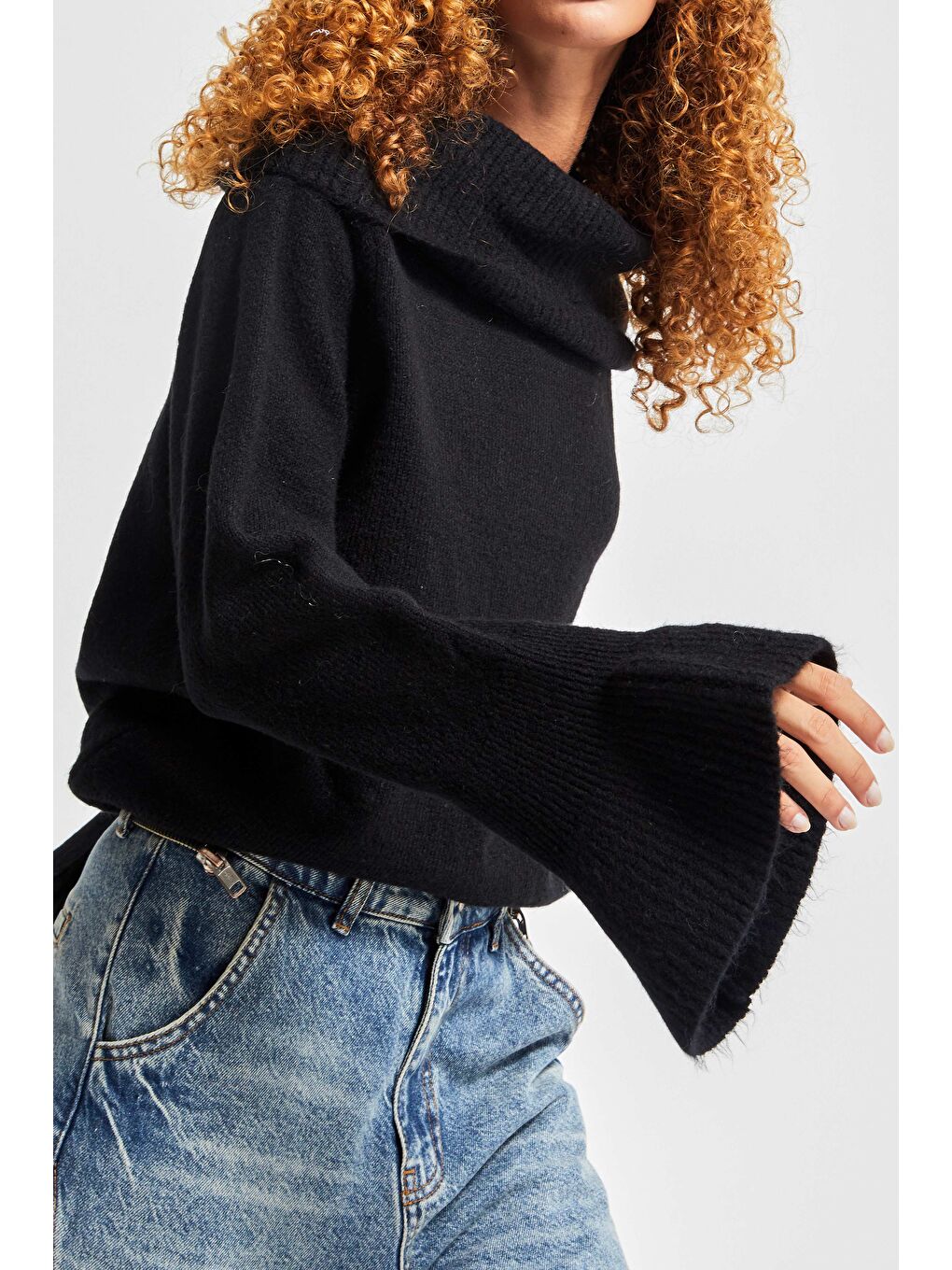 Kadın Siyah Renk W5-1 Balıkçı Yaka Oversize Yumuşak Örgü Kazak-4