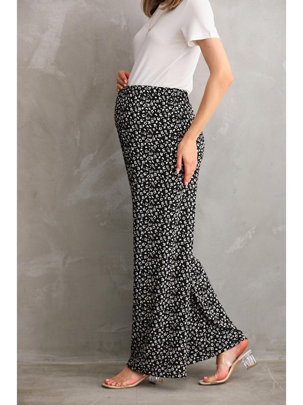 Siyah Hamile Baskılı Dokuma Kumaş Bol Pantolon-4