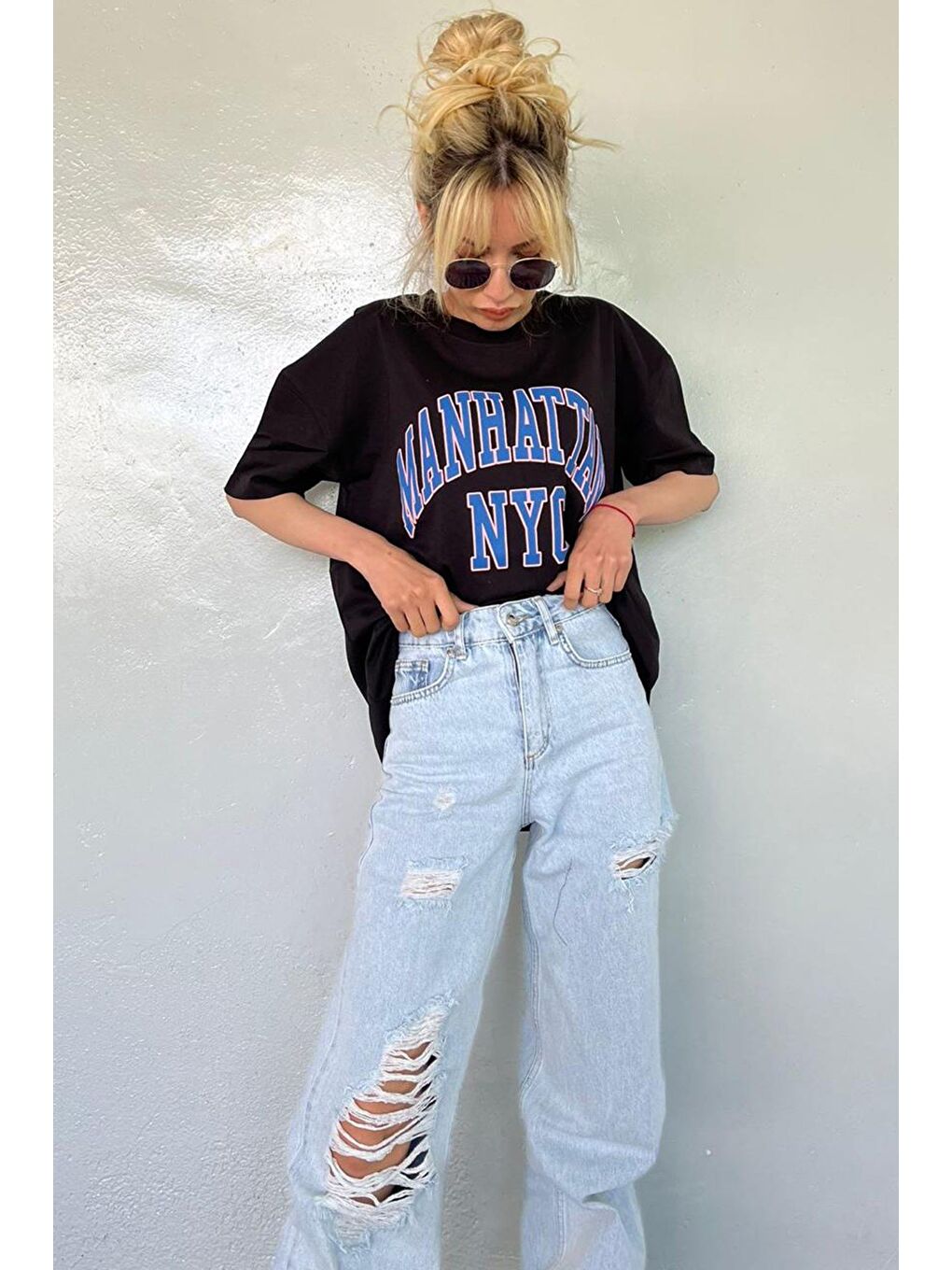 Kadın Siyah Baskılı Oversize Tişört Mg1231-5