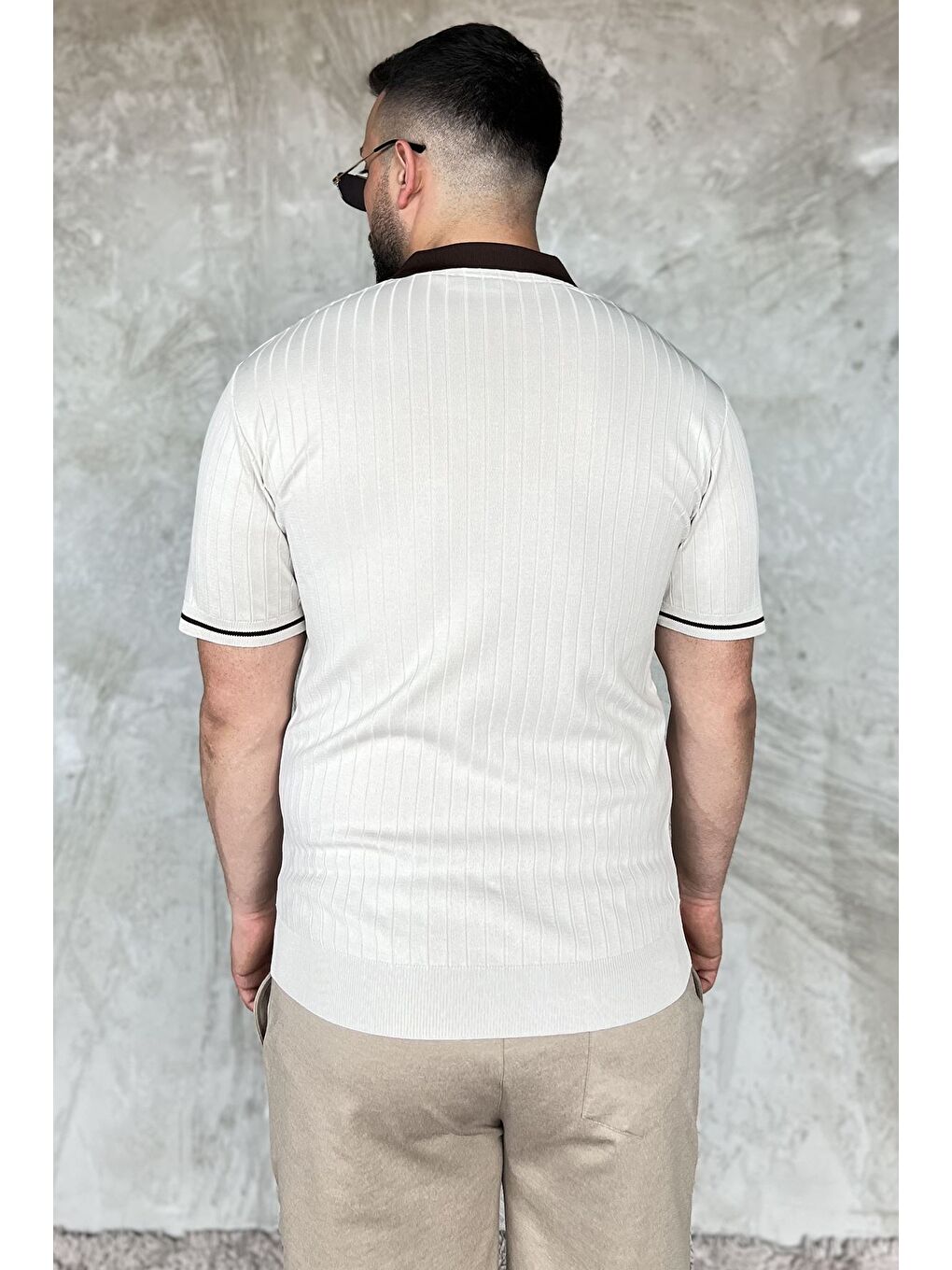 Bej Erkek Polo Yaka Kendinden Çizgi Desenli Triko Tişört-2