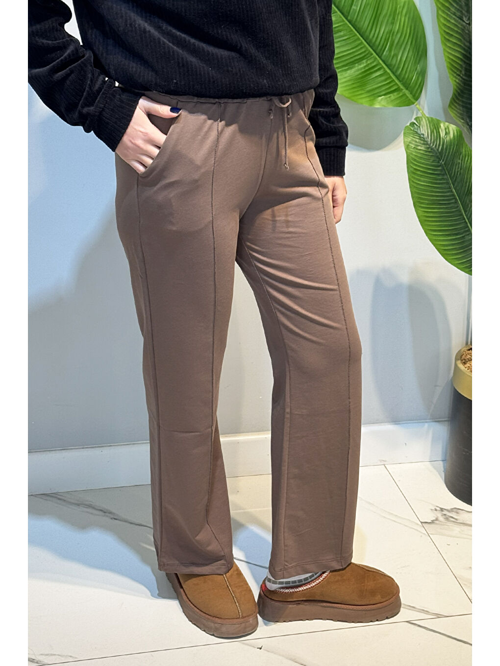 Bej Nervür Dikiş Beli Lastikli Bağcıklı Pantolon 1887 Vizon-3