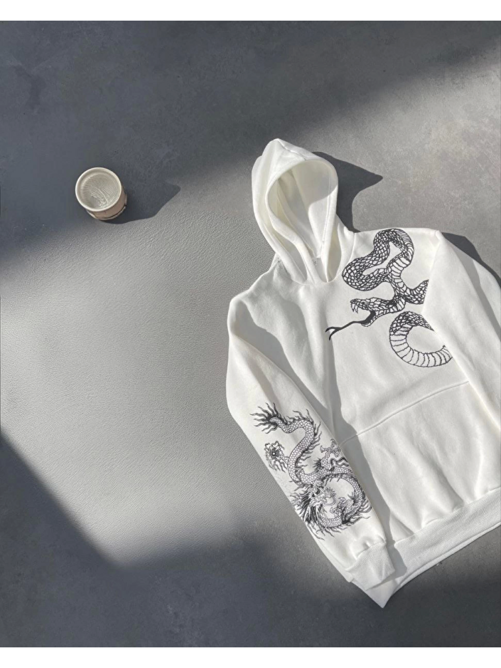 Uzun Kol Kapüşonlu Baskılı Sweatshirt - Beyaz-2
