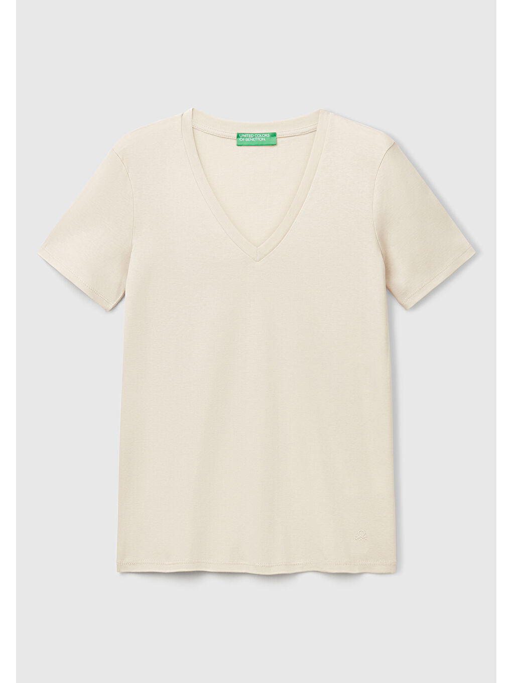 Bej Kadın Taş Rengi %100 Pamuk V Yaka Basic Tişört-1
