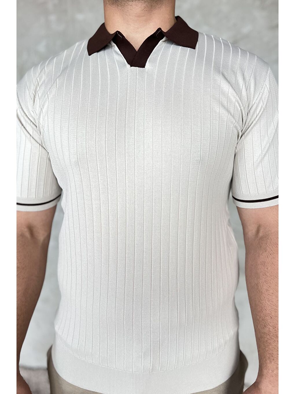 Bej Erkek Polo Yaka Kendinden Çizgi Desenli Triko Tişört-3