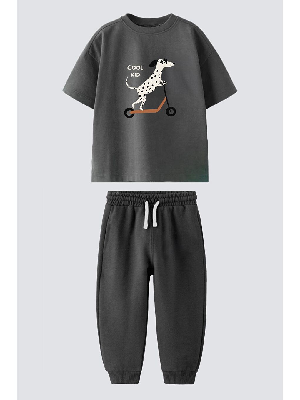 Erkek Çocuk Antrasit Köpek Baskılı Pamuklu Jogger Pantolonlu Alt Üst Takım-1