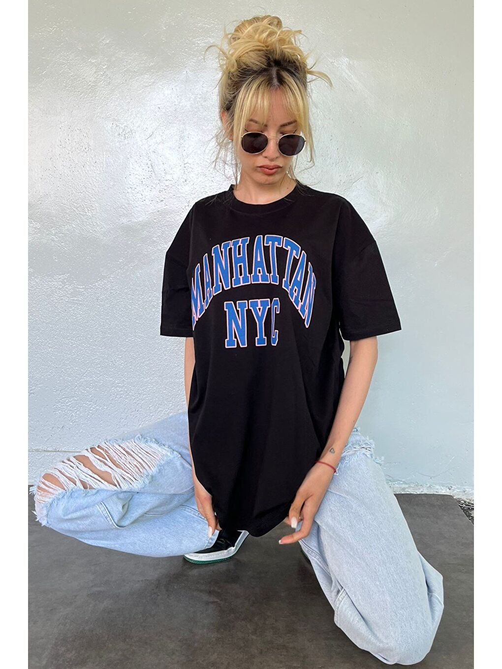 Kadın Siyah Baskılı Oversize Tişört Mg1231-6