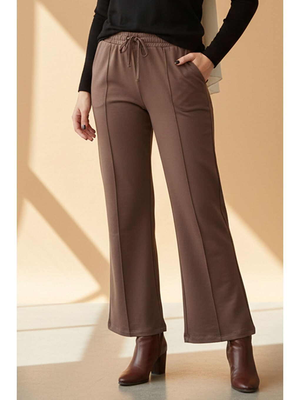 Bej Nervür Dikiş Beli Lastikli Bağcıklı Pantolon 1887 Vizon-4