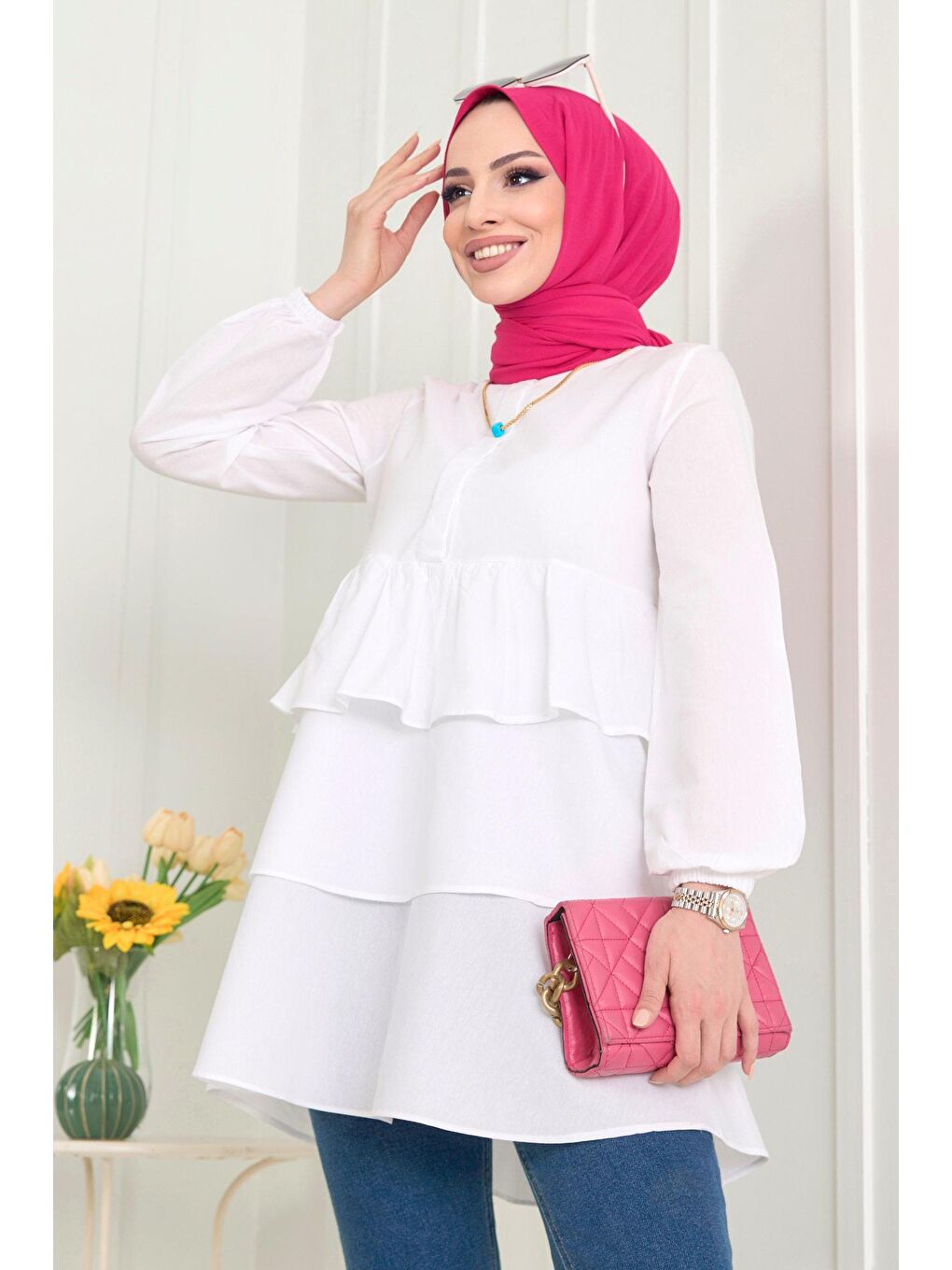 Hakim Yaka Kadın Beyaz Tunik - 11468