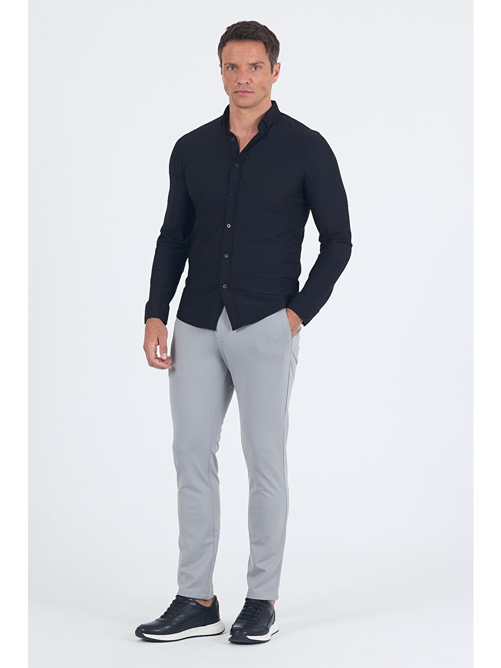 Siyah Smart Düğmeli Yaka Uzun Kol Cepsiz Slim Fit Esnek Gömlek Gömlek 1004250252-1